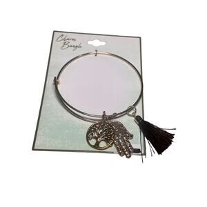 Charm Bangle Bracelet Tree of Life Hamsa Hand Tassel Rose Gold Tone Adjustable